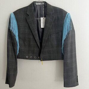 Shop Journal Vintage Gray Plaid Upcycled Blazer with Fringe Size M/L